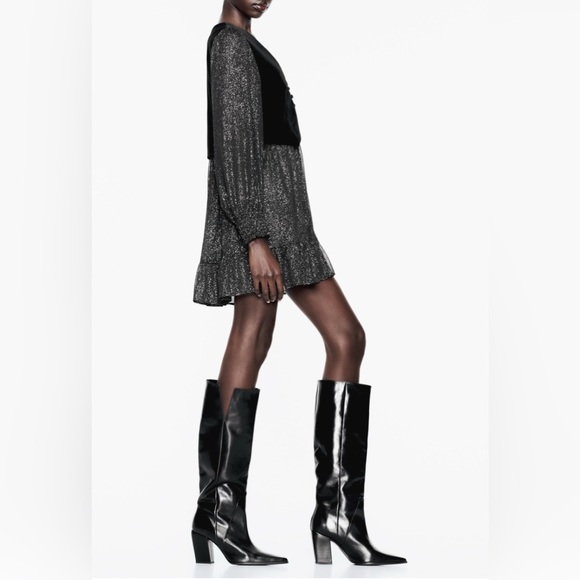 Zara Black With Gold Glitter Sheer Mini Dress With Velvet Vest In S - Picture 2 of 12
